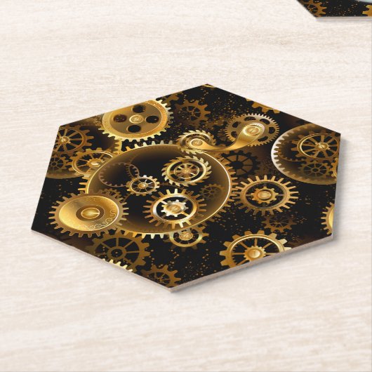 Naadloze Steampunk Messing Tandwielen Kartonnen Onderzetters (Schuin)