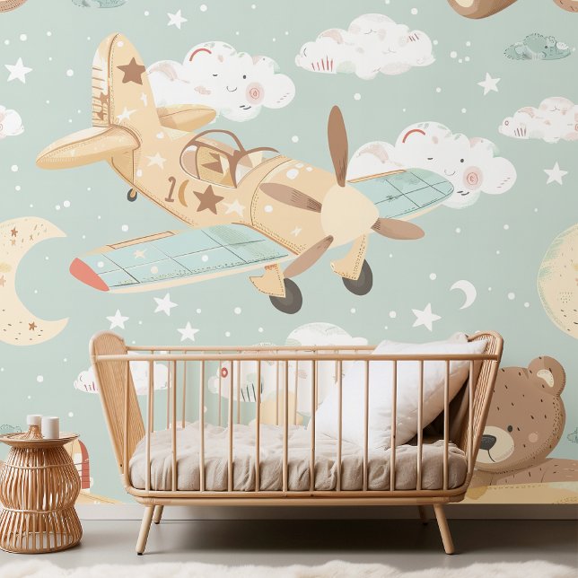Naadloze Teddybeer en Plane Pastel Sky Behang (Creator heeft geüpload)