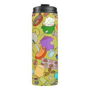 Naadloze textuur. Handgetekende doedels eten Thermosbeker