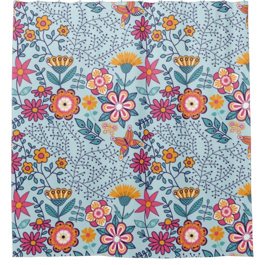 Naadloze textuur met bloemen en vlinders. Einde Douchegordijn (Voorkant)