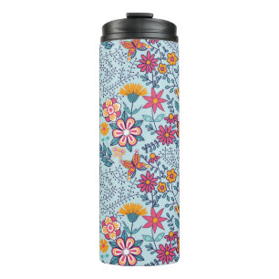 Naadloze textuur met bloemen en vlinders. Einde Thermosbeker