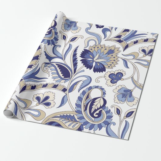 Naadloze traditionele Indiase blauwe paisley patte Cadeaupapier (Uitgerold)