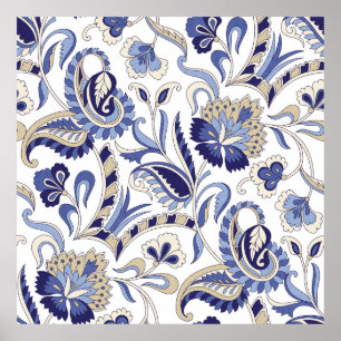 Naadloze traditionele Indiase blauwe paisley patte Poster