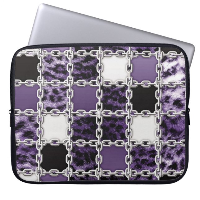 Naadloze ultraviolette luipaard en zilverketting laptop sleeve (Voorkant)