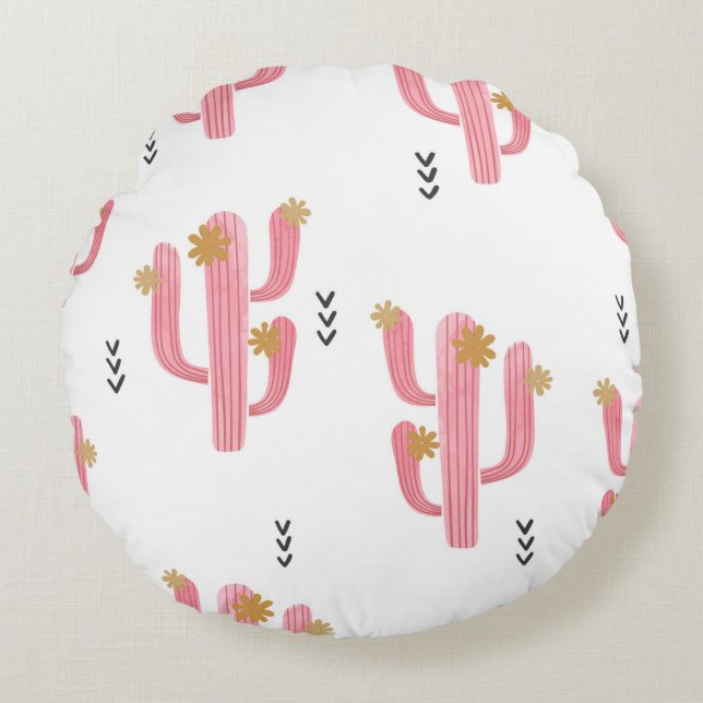 Naadloze waterverf bloeiende cactus patroon. Vint Rond Kussen (Voorkant)