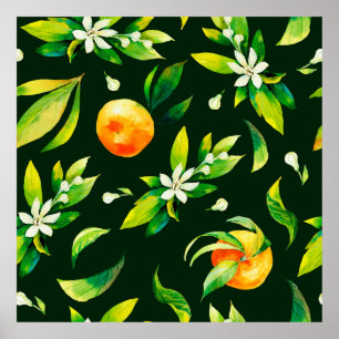 Naadloze waterverf van citrusvruchten en bladeren poster