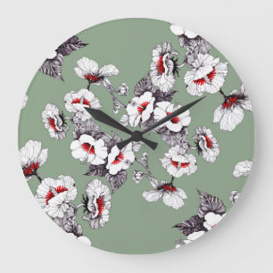 Naadloze wit-rode bloemen: groen decor grote klok
