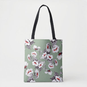 Naadloze wit-rode bloemen: groen decor tote bag