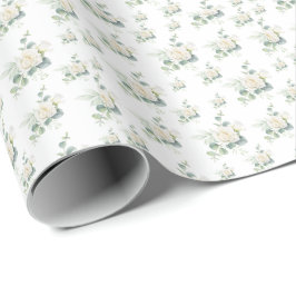 Naadloze witte rozenbloem met eucalyptuspatroon cadeaupapier