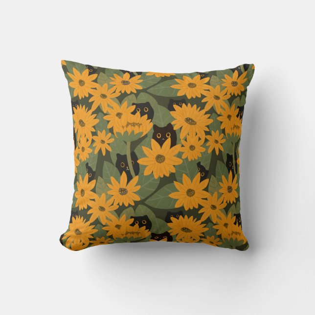Naadloze zwarte kat en zonnebloem patroon kussen (Voorkant)