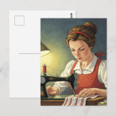 Naadster dame die naait op vintage naaimachine briefkaart (Voorkant / Achterkant)