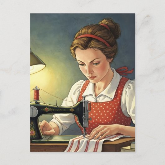 Naadster dame die naait op vintage naaimachine briefkaart (Voorkant)
