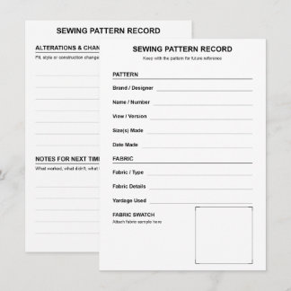 Naai Patroon Record Stof Sample en Aanpassing Notitiekaartje