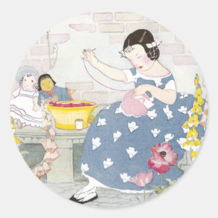 Naaien in een tuin van Foxglove & Poppies Ronde Sticker