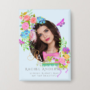 Naaien lint Bloemen Monogram Foto Blauw Button