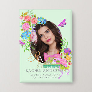 Naaien lint Bloemen Monogram Foto Groen Button