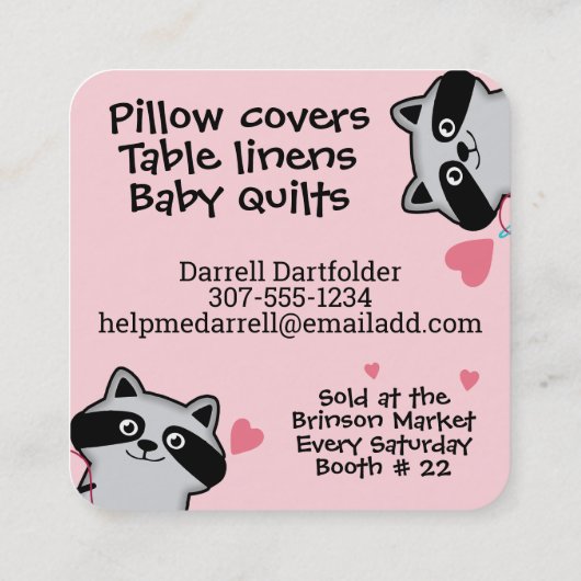 Naaien naaister quilter quilten schattige wasbeer vierkante visitekaartje (Achterkant)