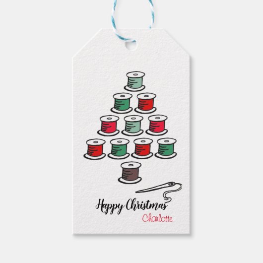 Naaiende katoenen haspel Kerstboom Cadeaulabel (Voorkant)