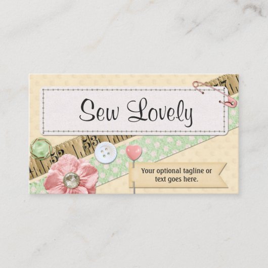 Naaigarren, Buttonnen & lintroze Visitekaartje (Voorkant)