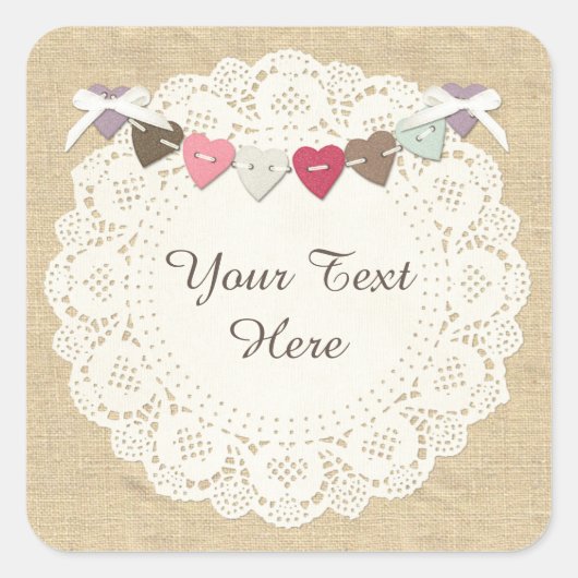 Naaigrootte op Rustic Country Burlap & Hearts Vierkante Sticker (Voorkant)