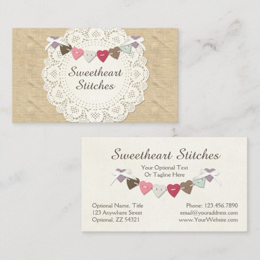 Naaigrootte op Rustic Country Burlap & Hearts Visitekaartje (Voorkant / Achterkant)