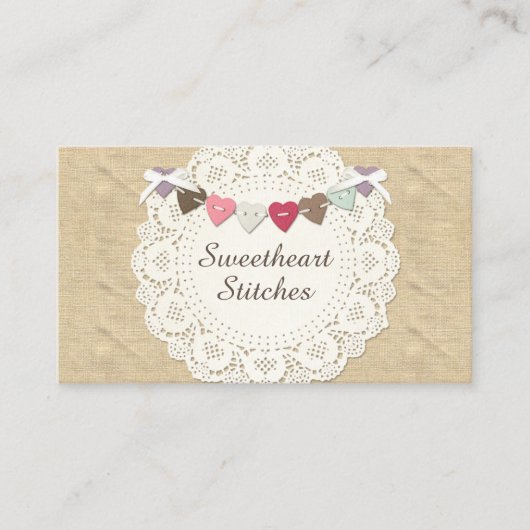 Naaigrootte op Rustic Country Burlap & Hearts Visitekaartje (Voorkant)