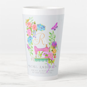 Naailint bloemenmonogram grijs latte mok