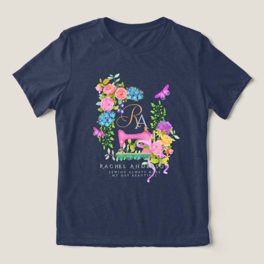 Naailint Bloemenmonogram Marine Tri-Blend Shirt (Design voorkant)