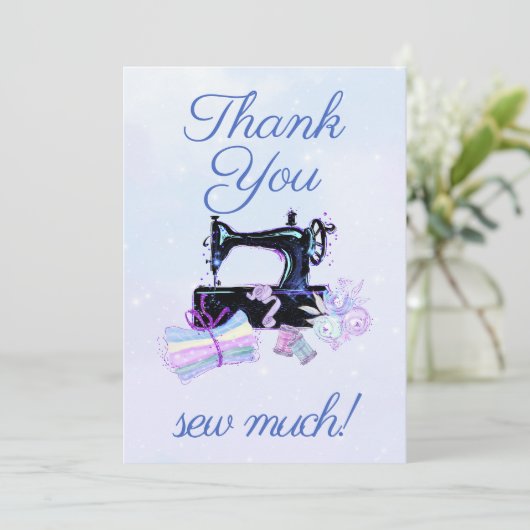 Naaimachine  blauw plat bedankkaart (Staand voorkant)