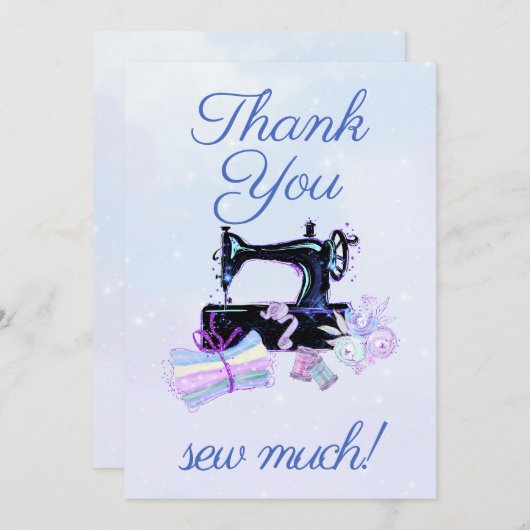 Naaimachine  blauw plat bedankkaart (Voorkant / Achterkant)