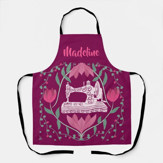 naaimachine & bloemenfuchsia schort (Voorkant)
