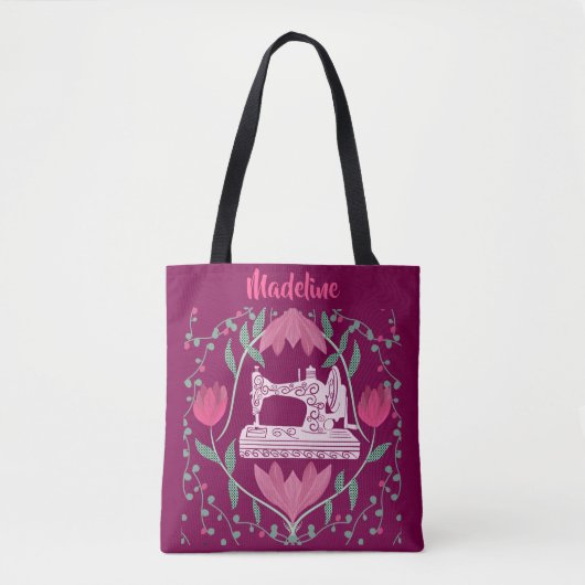  naaimachine & bloemenfuchsia tote bag (Voorkant)