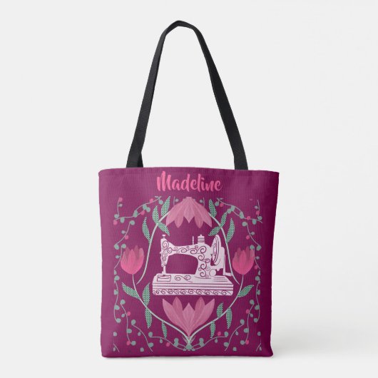  naaimachine & bloemenfuchsia tote bag (Achterkant)