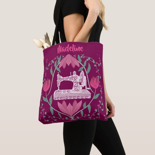  naaimachine & bloemenfuchsia tote bag (Dichtbij)