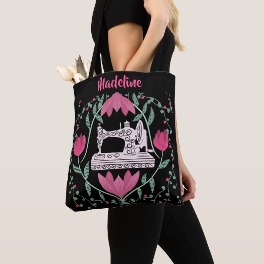  naaimachine & bloemmotief ontwerp tote bag (Dichtbij)