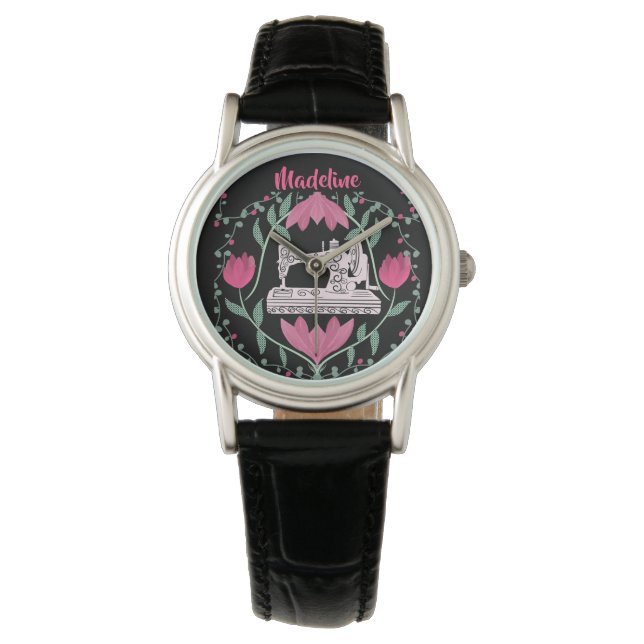  naaimachine: Bloempatroon gepersonaliseerd Horloge (Voorkant)