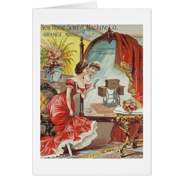  naaimachine en -dame in rood, (Voorkant)