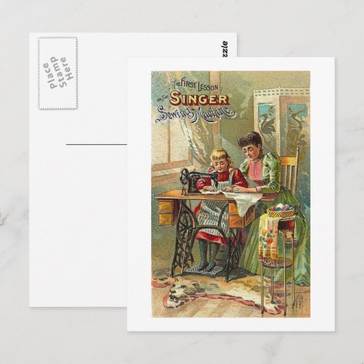 naaimachine en "de eerste les" briefkaart (Voorkant / Achterkant)