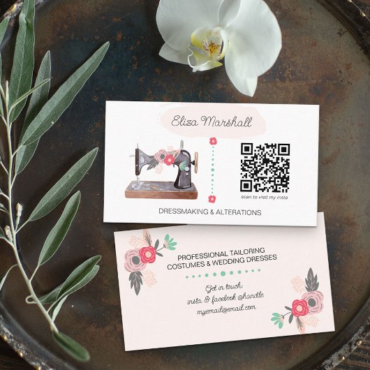  naaimachine en QR-code Boho Floral Visitekaartje