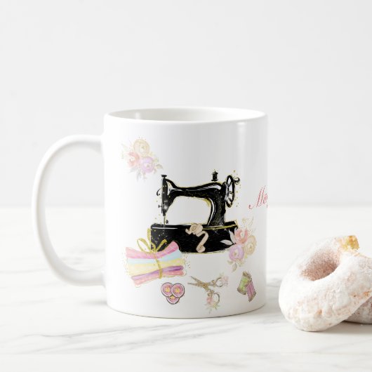 naaimachine en stof koffiemok (Met donut)