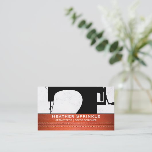 naaimachine | industrieel | met leer gestikt visitekaartje (Staand voorkant)