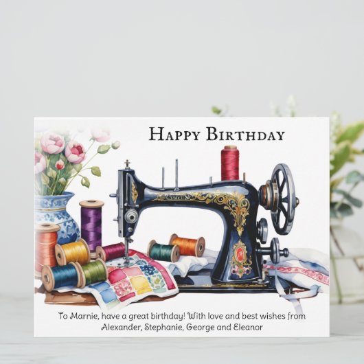  naaimachine katoenen rollen Happy Birthday Kaart (Staand voorkant)