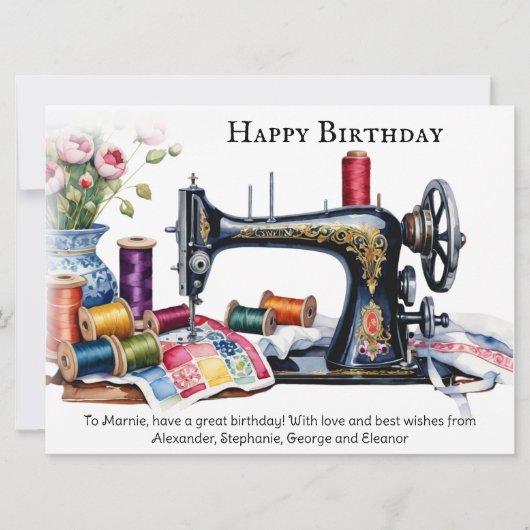  naaimachine katoenen rollen Happy Birthday Kaart (Voorkant)