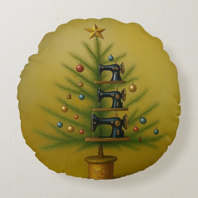 Naaimachine Kerstboom Happy Crafty Kerstmis Rond Kussen (Voorkant)