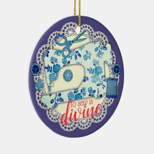 Naaimachine  kerstversiering met bloemen keramisch ornament (Rechts)