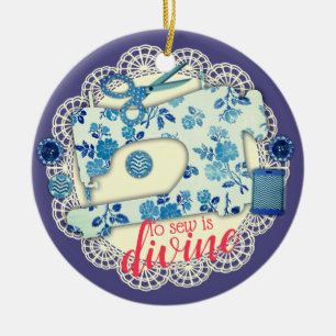 Naaimachine kerstversiering met bloemen keramisch ornament