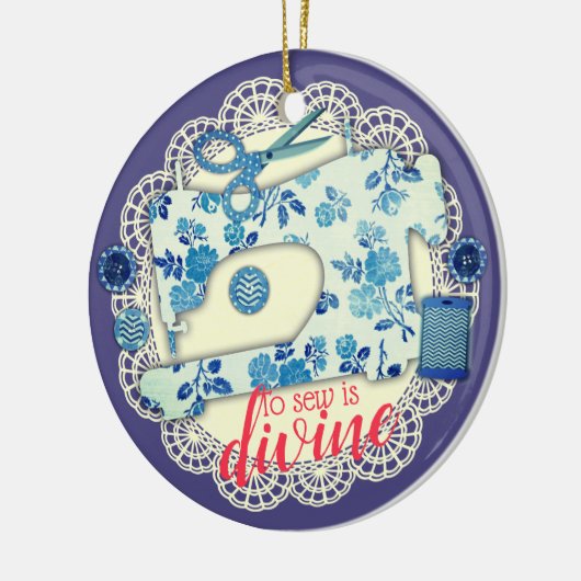 Naaimachine  kerstversiering met bloemen keramisch ornament (Links)