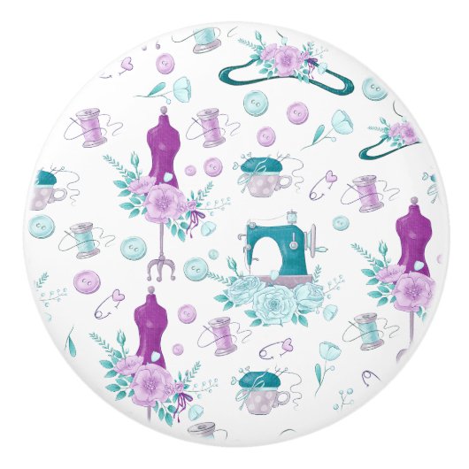 naaimachine Mannequin Blauw Paarse Keramische Knop (Voorkant)