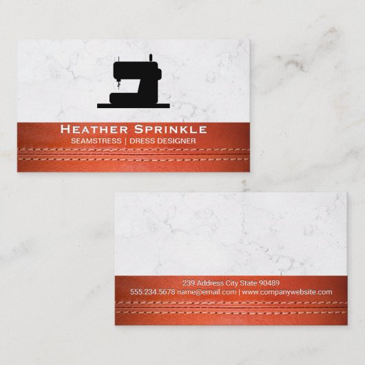 Naaimachine | | Marmer | Leer Gestikt Visitekaartje (Voorkant / Achterkant)