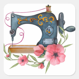 naaimachine met roze bloemen vierkante sticker